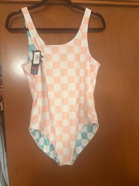 Checkerboard One-Piece Swimsuit - Pink & White with Blue Accent